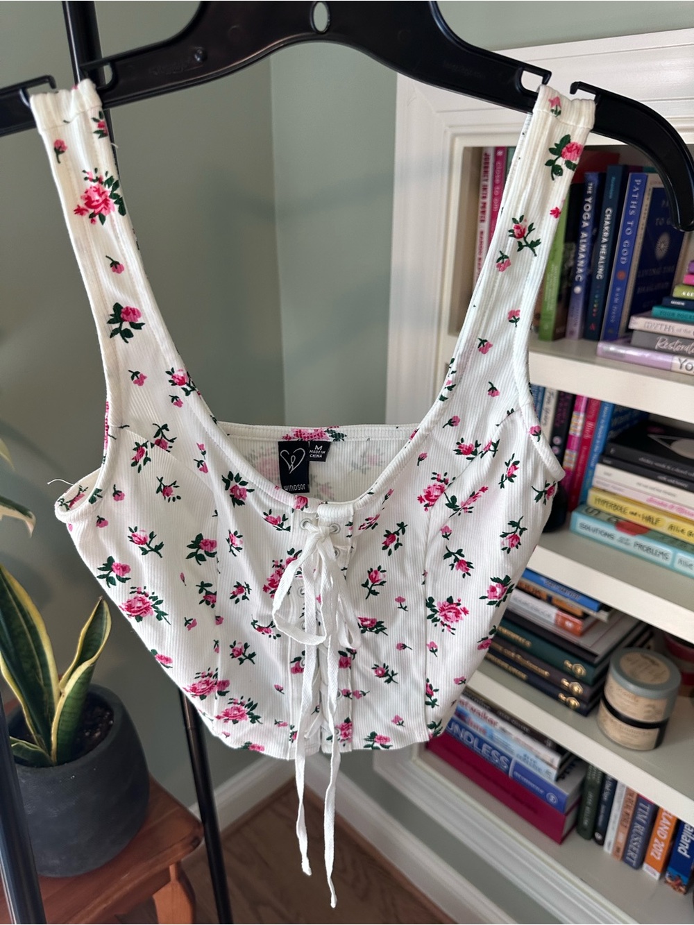 Windsor White Ribbed Lace-Up Tank with Pink Rose Print